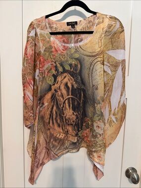 Cal Style Vintage Y2K Floral Bedazzled Horse Tunic with Sheer Flutter Sleeves